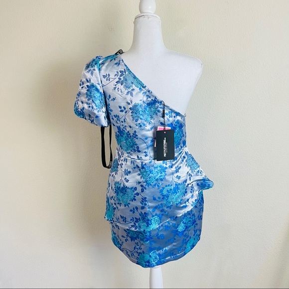 NWT Light Blue Jacquard One Shoulder Peplum Mini Dress - Picture 2 of 8